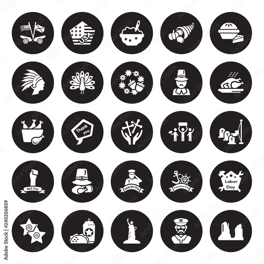 25 vector icon set : american civil war, Sheriff, Statue of liberty, Taco, Walk fame, Roasted turkey, crowd March, Veterans Day, Martin Luther King Day isolated on black background. 25 vector icon set : american civil war, Sheriff, Statue of liberty, Taco, Walk fame, Roasted turkey, crowd March, Veterans Day, Martin Luther King Day isolated on black background.