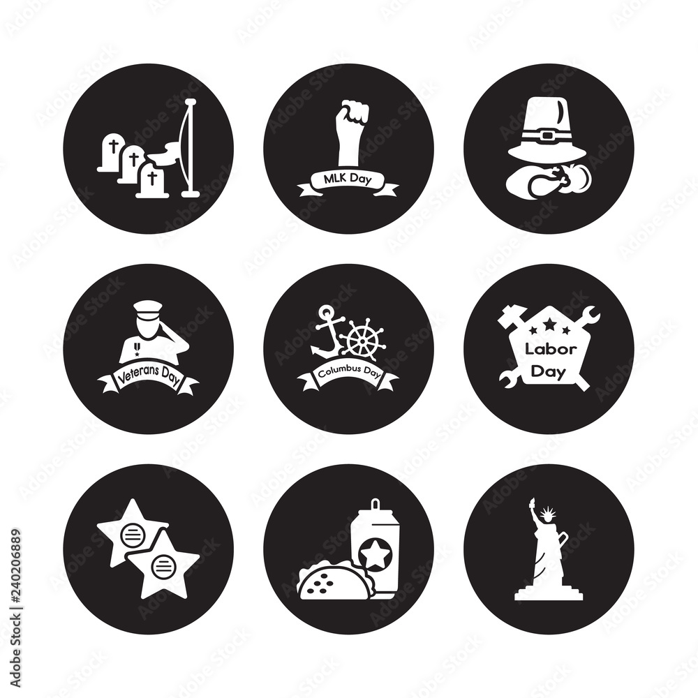 9 vector icon set : Memorial Day, Martin Luther King Walk of fame, Labor Columbus Thanksgiving Veterans Taco isolated on black background