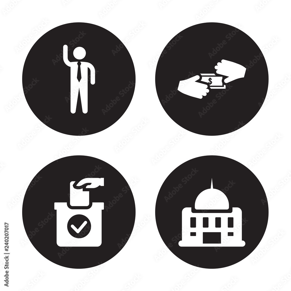 4 vector icon set : Candidate for elections, Ballot, Bribe, American government building isolated on black background 4 vector icon set : Candidate for elections, Ballot, Bribe, American government building isolated on black background