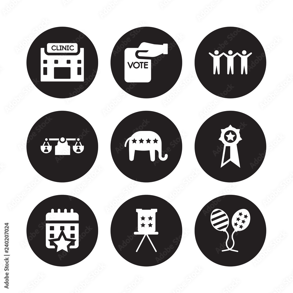 9 vector icon set : Health clinic, Hand holding vote paper, Election event on a calendar with star, Elections badge Elephant republican, Freedom isolated black background 9 vector icon set : Health clinic, Hand holding vote paper, Election event on a calendar with star, Elections badge Elephant republican, Freedom isolated black background
