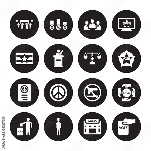 16 vector icon set : Protest, Health clinic, Human, Man holding the vote paper on box, Ngo, Hand paper, political Flag, Peace treaty, Balance isolated black background