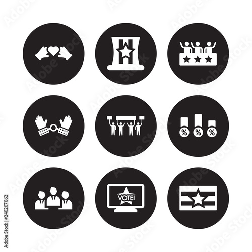 9 vector icon set : Unity, Uncle Sam hat, Politicians, Poll, Protest, Supporter, Slavery, Political publicity on monitor screen isolated black background