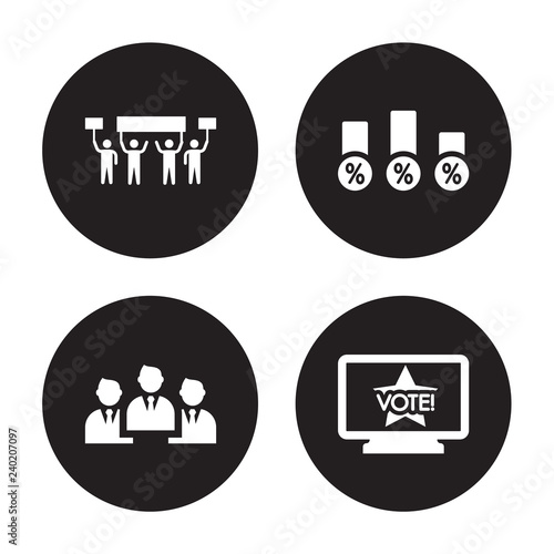 4 vector icon set : Protest, Politicians, Poll, Political publicity on monitor screen isolated black background