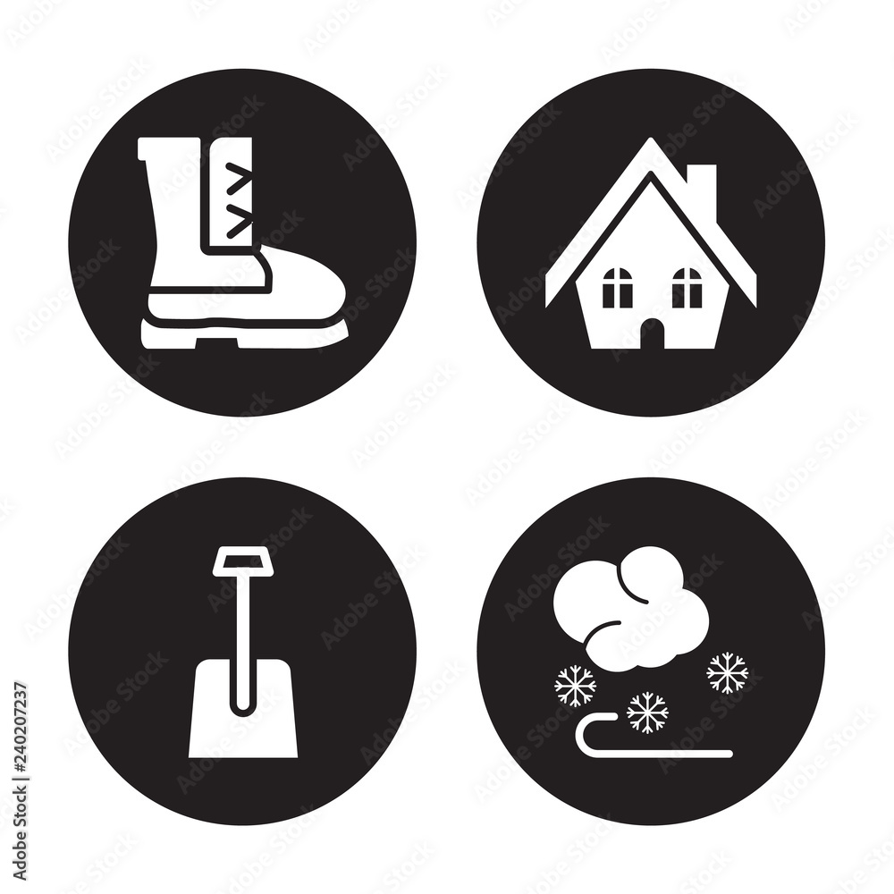 4 vector icon set : winter Boots, Shovel, Cabin, Winter isolated on black background 4 vector icon set : winter Boots, Shovel, Cabin, Winter isolated on black background