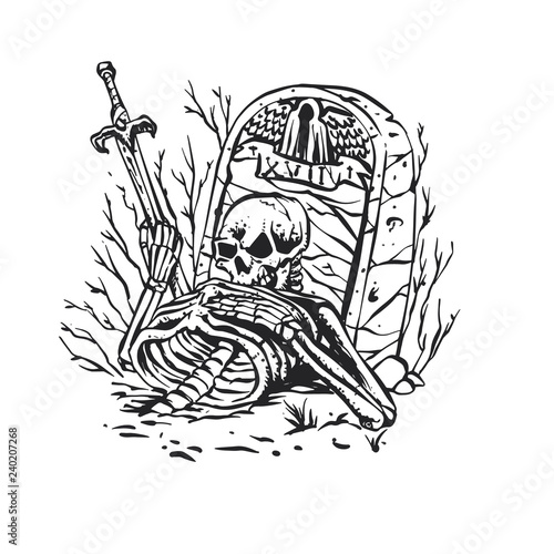 Skeleton warrior in the tomb black and white
