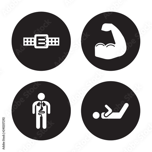 4 vector icon set : Athletic Strap, Anatomy, Arm, Abs isolated on black background