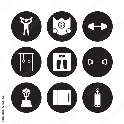 9 vector icon set : Exercise, Elevation mask, Boxing Mannequin, Chest expander, Diet, Dumbbell, Gymnastic Rings, Yoga mat isolated on black background