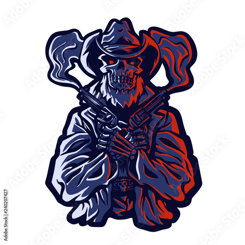 Skull cowboy in hat and a pair of crossed revolver