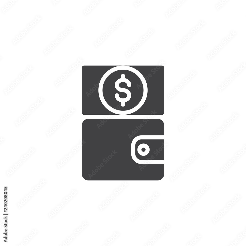 Wallet and dollar bill vector icon. filled flat sign for mobile concept and web design. Cash money purse simple solid icon. Symbol, logo illustration. Pixel perfect vector graphics Wallet and dollar bill vector icon. filled flat sign for mobile concept and web design. Cash money purse simple solid icon. Symbol, logo illustration. Pixel perfect vector graphics