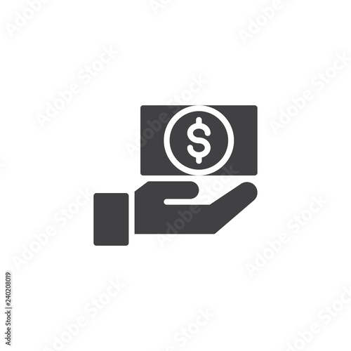 Money on hand vector icon. filled flat sign for mobile concept and web design. Hand hold dollar bill simple solid icon. Symbol, logo illustration. Pixel perfect vector graphics