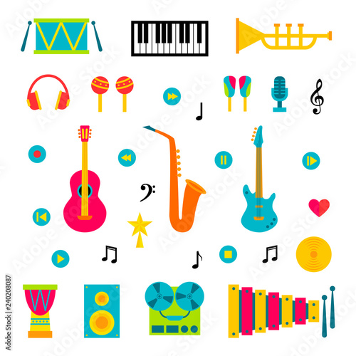 vector set of music instruments on white background. Illustration in flat style