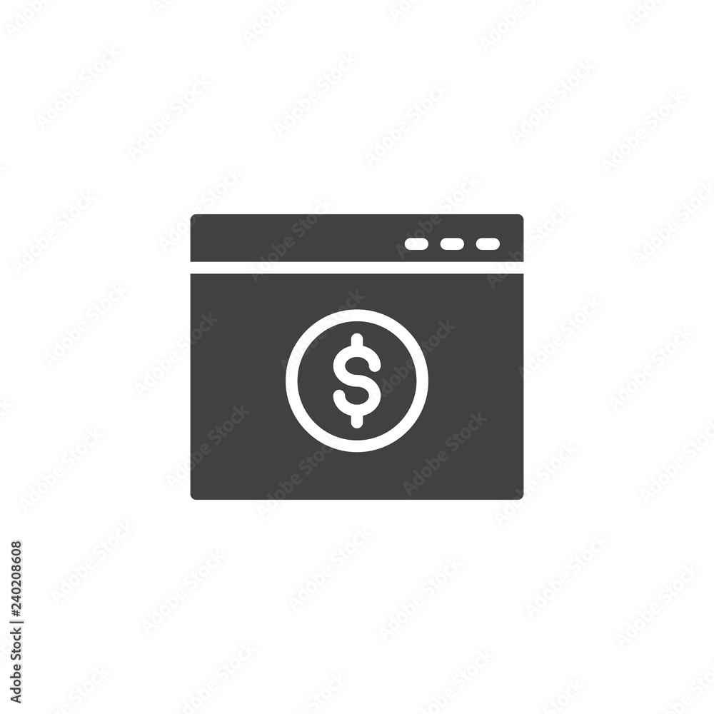 Online banking vector icon. filled flat sign for mobile concept and web design. Browser window with dollar sign simple solid icon. Symbol, logo illustration. Pixel perfect vector graphics Online banking vector icon. filled flat sign for mobile concept and web design. Browser window with dollar sign simple solid icon. Symbol, logo illustration. Pixel perfect vector graphics