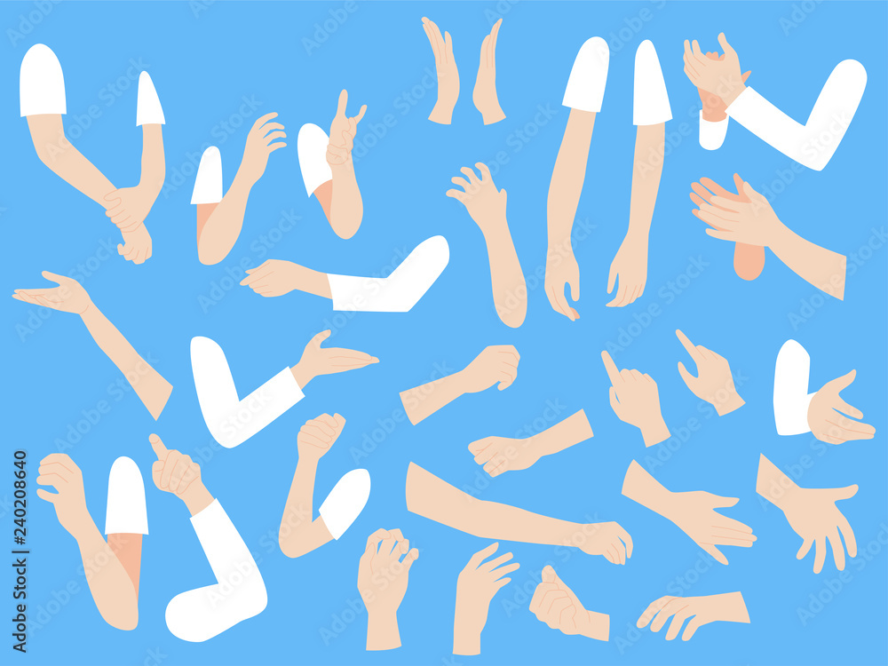 Set of human hands with different gestures collection for design, animation,Palm and finger draw icons, skin, white Long sleeved shirt, arm on blue background, flat style cartoon vector illustration. - obrazy, fototapety, plakaty 