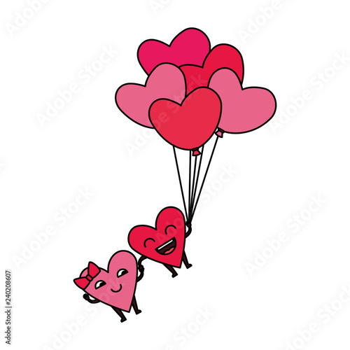 hearts love couple with balloons air kawaii characters