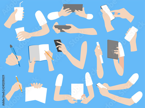 Set of human hands with different gestures collection for design, animation,Palm and finger draw icons, skin, white Long sleeved shirt, arm on blue background, flat style cartoon vector illustration.