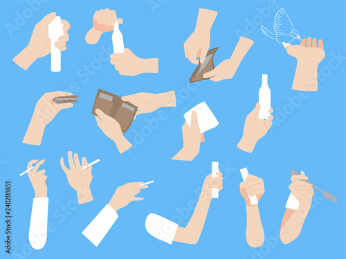 Set of human hands with different gestures collection for design, animation,Palm and finger draw icons, skin, white Long sleeved shirt, arm on blue background, flat style cartoon vector illustration.
