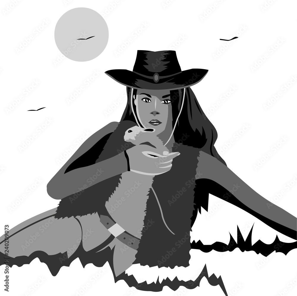 Vector lines. Girl in a cowboy hat holding a rabbit