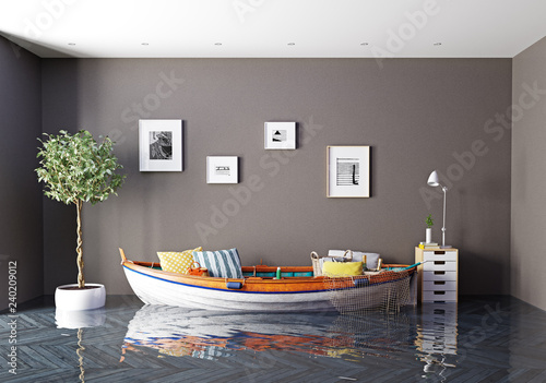 the boat as a sofa in flooding interior