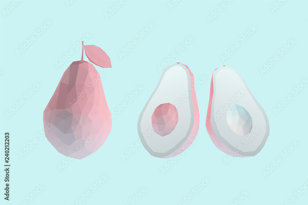Pastel Avocados. Set of Pink Whole and Half Avocado on Light Blue Background. Low Poly Vector 3D Rendering Pastel Avocados. Set of Pink Whole and Half Avocado on Light Blue Background. Low Poly Vector 3D Rendering