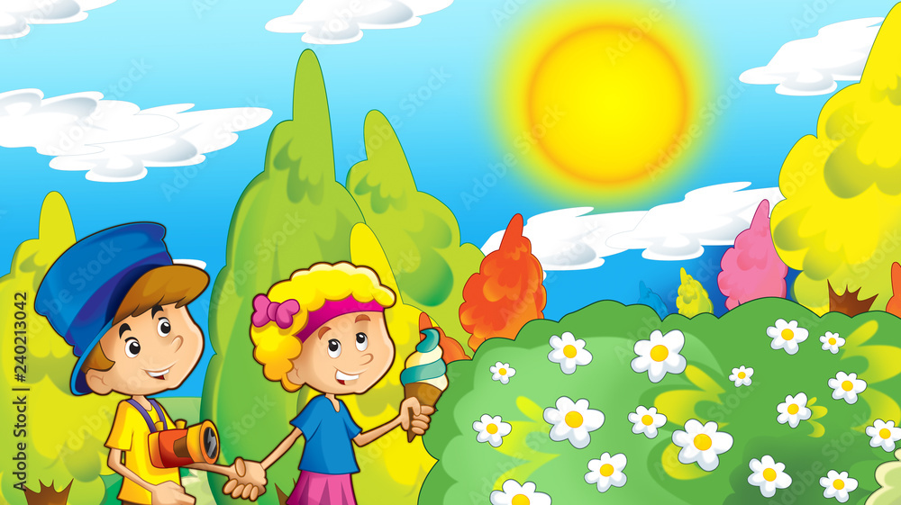 Fototapeta premium cartoon happy and funny scene with kids in the park having fun - illustration for children