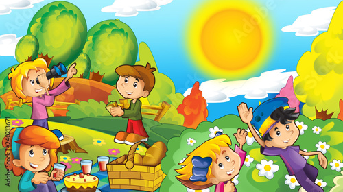 Fototapeta Naklejka Na Ścianę i Meble -  cartoon happy and funny scene with kids in the park having fun - illustration for children