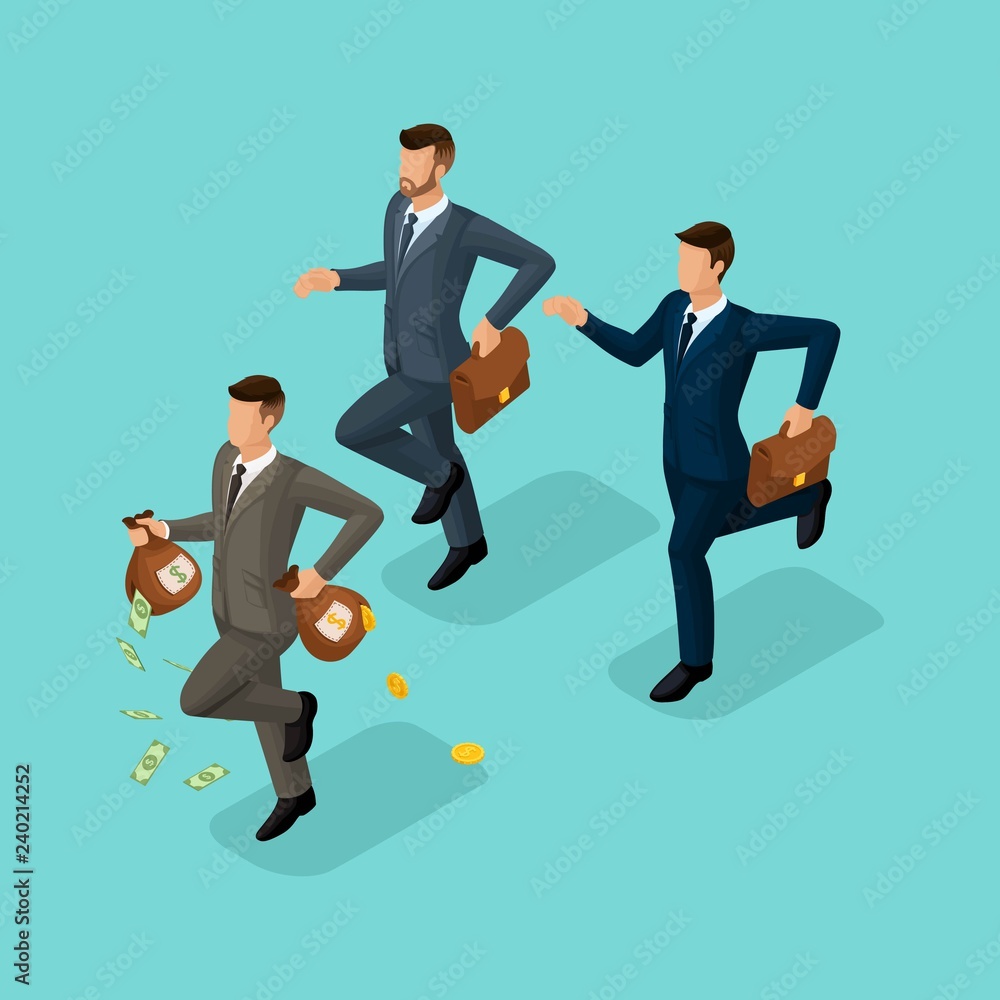 Trendy isometric people, 3d businessman, concept with young businessman, money, profit, gold, running, chasing, money loss isolated on blue background Trendy isometric people, 3d businessman, concept with young businessman, money, profit, gold, running, chasing, money loss isolated on blue background