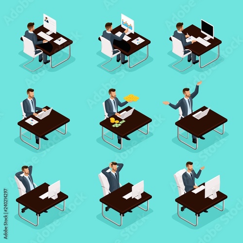 Trendy isometric people, 3d businessman, concept with young businessman, workflow, search for employees, strategy development, work is isolated on a blue background