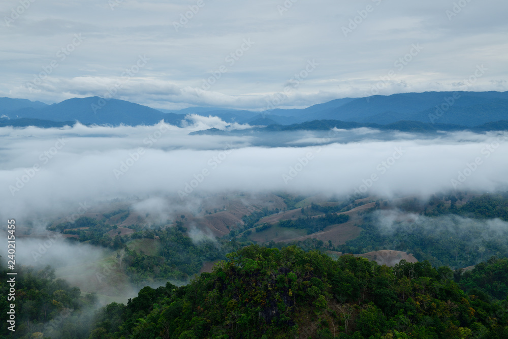 Morning landscape with mountains and mist at Doi Hua Mod, Umphan district, Tak, Thailand. Nature landscape view with mist.