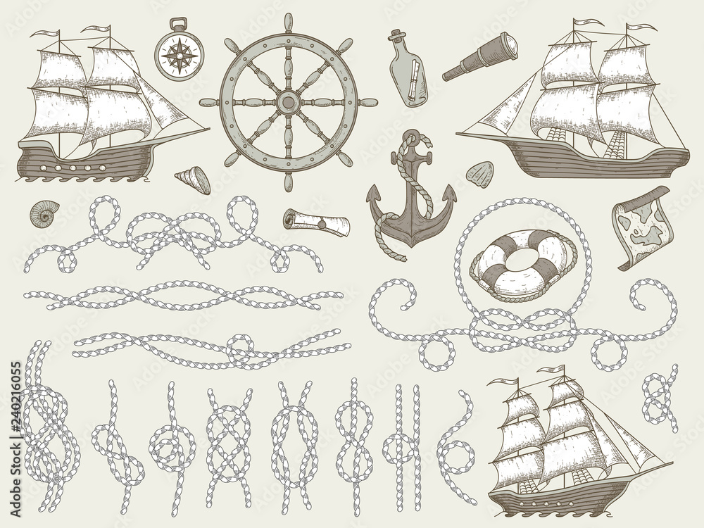 Decorative marine elements. Sea rope frames, sailing boat or nautic ship  steering wheel and nautical ropes corners vector set Stock Vector