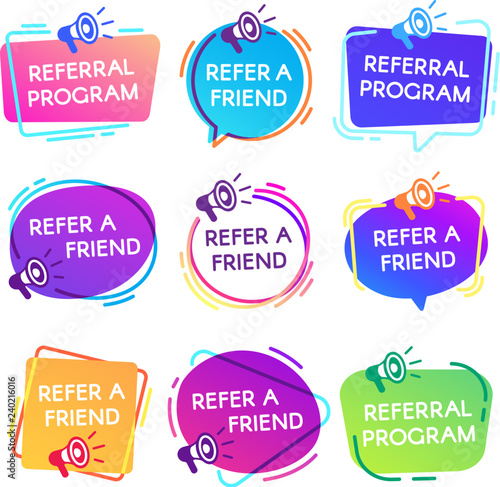 Refer friend badges. Referral program badge, salesperson megaphone marketing sticker and refer friends shopping label vector set