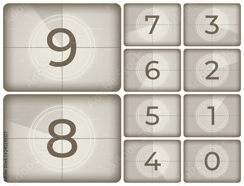 Old cinema countdown. Vintage film intro counting, movie projector count down and retro timer frames isolated vector illustration set