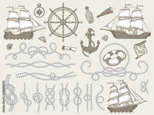 Decorative marine elements. Sea rope frames, sailing boat or nautic ship steering wheel and nautical ropes corners vector set