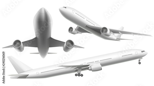 Realistic aircraft. Passenger plane, sky flying aeroplane and airplane in different views isolated vector illustration