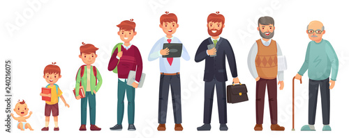 Male different age. Newborn baby, teenage boy and student ages, adult man and old senior. People generations vector illustration