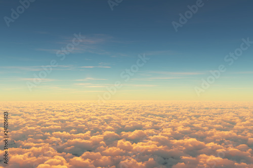 Obraz na płótnie Above clouds, view from pilot cabine in airplane. Aerial view above clouds during the sunrise or sunset. Blue sky, white clouds with magic and soft sun light. w salonie
