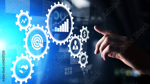 Tapety artystyczne Business process management, automation workflow, document validation, connected gear cogs with icons, technology concept.