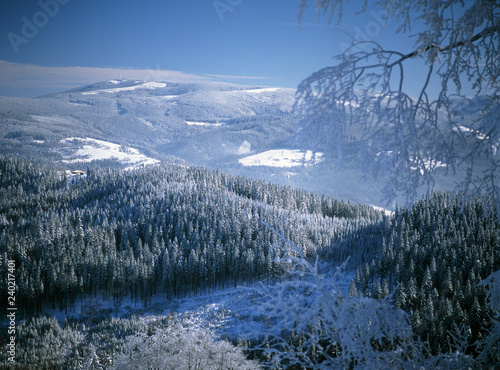 Fototapeta Naklejka Na Ścianę i Meble -  view to Skrzyczne Mountain and surroundings, Slaski Beskid Mountains, Silesian region, Poland