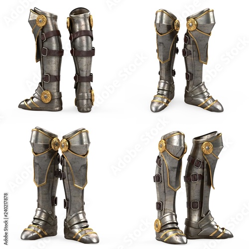 Iron fantasy high boots knight armor isolated on white background. 3d illustration