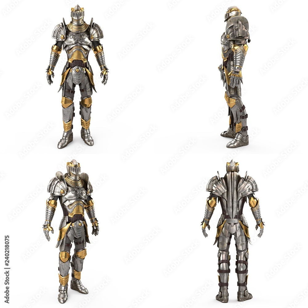 Full medieval iron suit, isolated on a white background. 3d