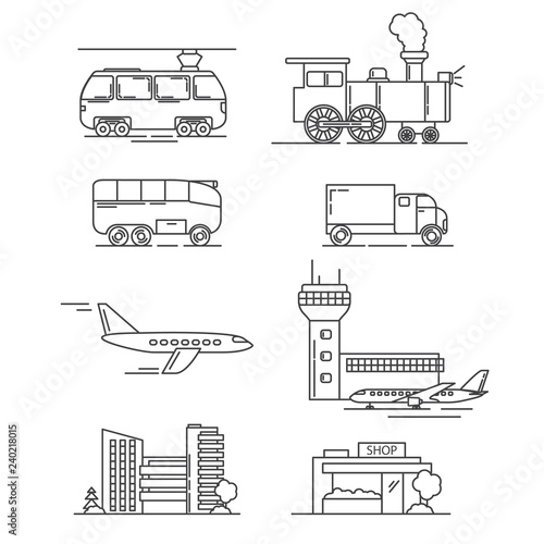 Set of icons with plane, Airport building, shop, tram, the city,railway locomotive.Tourist bus trip and truck.Public vehicles.Urban building tower skyscrapers.linear flat style a vector