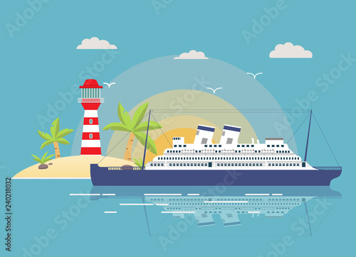 Lighthouse landscape sea tropical cruise ship liner against the background of the island and palm trees and a beacon against the background marine of the sun in flat style a vector.