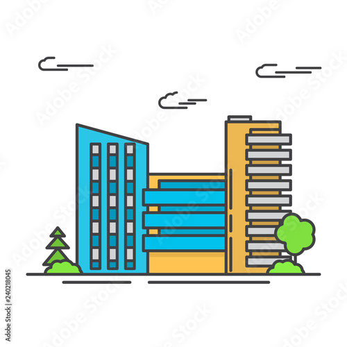 City Urban of a tower of skyscrapers. Flat line art vector.Concept of design of an icon.Buildings of trees. Isolated on a white background.