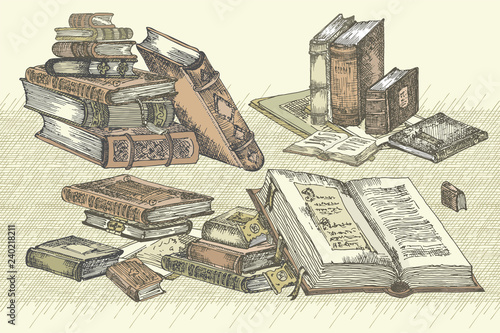 Banner with hand drawing sketch books. Concept vintage design for fair or festival flyer, paper, banner, school library retro poster, bookshop advertising in engraving style