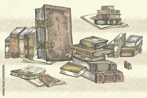 Banner with hand drawing sketch books. Concept vintage design for fair or festival flyer, paper, banner, school library retro poster, bookshop advertising in engraving style