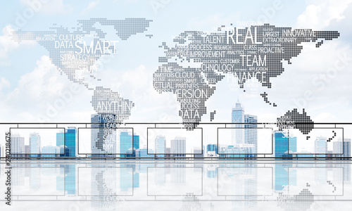 Concept of global communication and networking with world map over cityscape