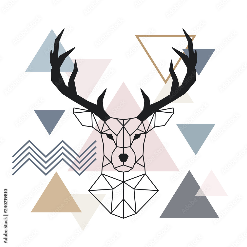 Geometric muzzle deer. Scandinavian style. Color geometric background. Vector illustration.