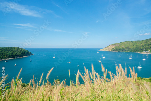 Beautiful over view of Andaman sea from the view point Phuket southern of Thailand. Panorama for background and texture.View on lagoon and reef.The amazing sea view. The beautiful landscape.