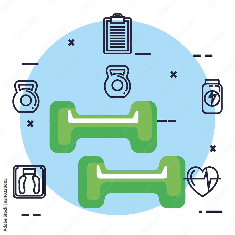 weight lifting dumbbell with fitness icons weight lifting dumbbell with fitness icons