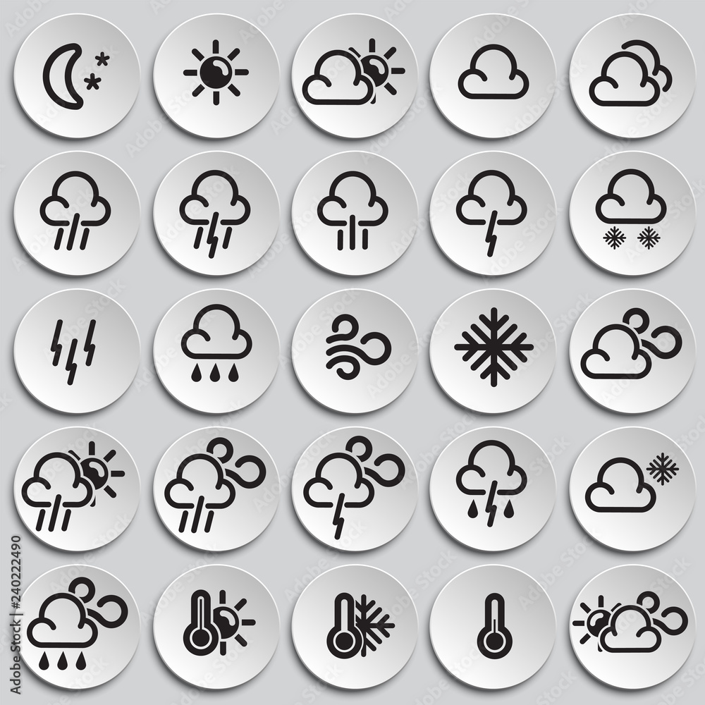 Weather forecast icons set on plates background for graphic and web design, Modern simple vector sign. Internet concept. Trendy symbol for website design web button or mobile app