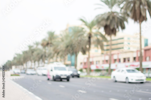 Defocused cars drive along the avenue from a large city, with palm trees along the avenue. © Valerii Dekhtiarenko